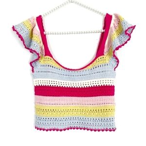 Rainbow Stripe Crochet Flutter Sleeve Crop Top - Sincerely Jules